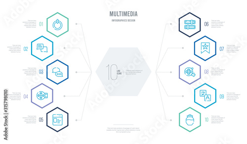 multimedia concept business infographic design with 10 hexagon options. outline icons such as substance, translate, multimedia, favorites, switches, roll