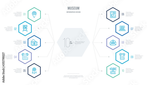 museum concept business infographic design with 10 hexagon options. outline icons such as fishbone, , buffalo, newtons cradle, butterfly, antique column