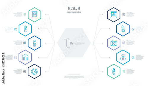 museum concept business infographic design with 10 hexagon options. outline icons such as african mask, roman or greek helmet, no photo, statue, paper scroll, antic architecture