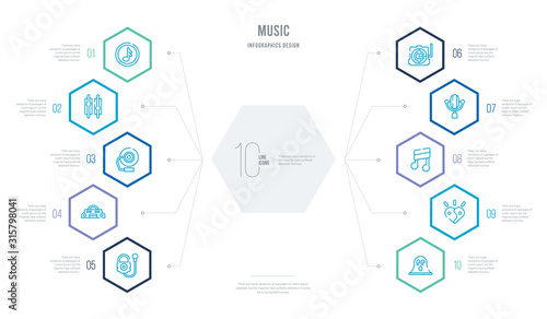 music concept business infographic design with 10 hexagon options. outline icons such as phantom, harmony, song note, broadcast microphone, gramophone record, radio ghettoblaster