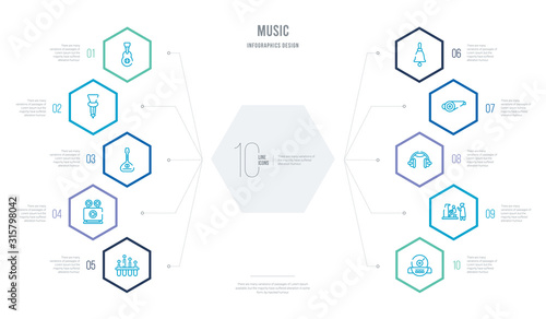 music concept business infographic design with 10 hexagon options. outline icons such as cd writer, piano class, school headphones, football referee whistle, retro school bell, friction