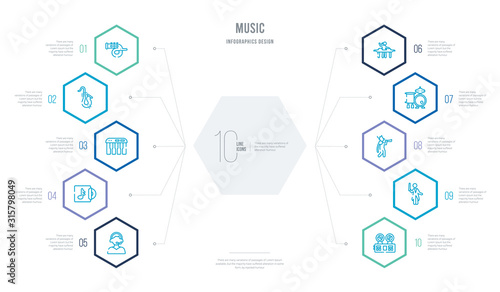 music concept business infographic design with 10 hexagon options. outline icons such as recorder player, orchestra director, pied piper of hamelin, drummer set, dj hand motion, long play record