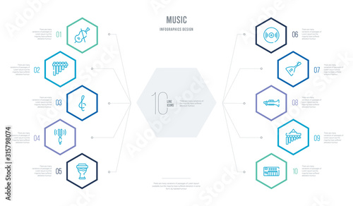 music concept business infographic design with 10 hexagon options. outline icons such as synthesizer, chimes, clarinet, balalaika, music record, tuning fork