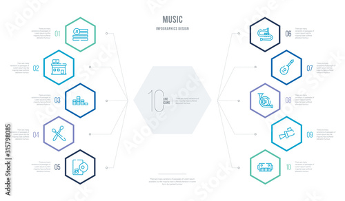 music concept business infographic design with 10 hexagon options. outline icons such as harmonica, music spotlight, french horn, acoustic guitar, trombone, drumsticks