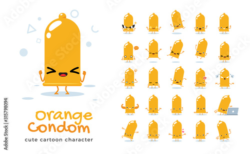 Vector set of cartoon images of Orange Condom. Vector Illustration.