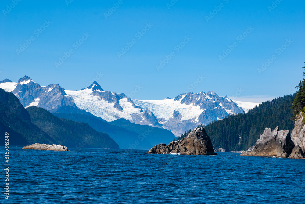 Glaciers in the mountain on the edge of the ocean in Alaska