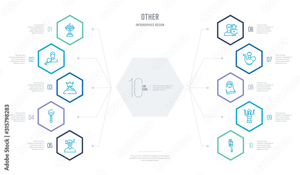 other concept business infographic design with 10 hexagon options. outline icons such as pipe wrench, belly dance, arabian woman, arabic jar, it specialist, baby's rattle other concept business infographic design with 10 hexagon options. outline icons such as pipe wrench, belly dance, arabian woman, arabic jar, it specialist, baby's rattle