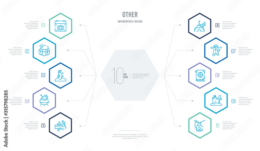 other concept business infographic design with 10 hexagon options. outline icons such as oil can, tombstone zombie hand, speell book, voodoo puppet, church with bats, caudron other concept business infographic design with 10 hexagon options. outline icons such as oil can, tombstone zombie hand, speell book, voodoo puppet, church with bats, caudron