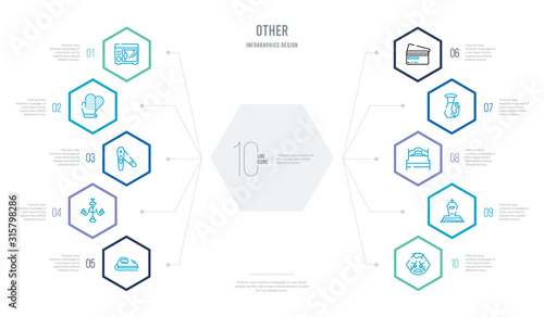 other concept business infographic design with 10 hexagon options. outline icons such as sca smile, tombstone with cross, hotel bed, broken vase, money card, chandeliers