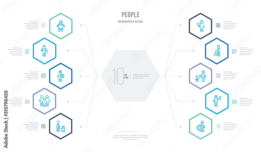people concept business infographic design with 10 hexagon options. outline icons such as layer working, traffic police, garderner, landkeeper, cook, family board games