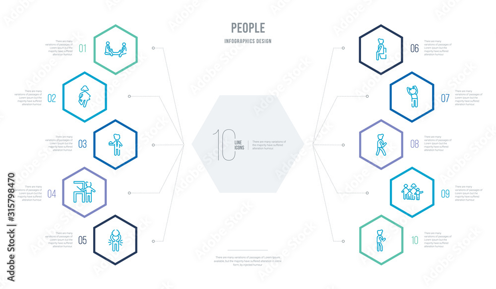 people concept business infographic design with 10 hexagon options. outline icons such as person walking, family group, group of men running, man angry, man sitting in the bathroom, school teacher people concept business infographic design with 10 hexagon options. outline icons such as person walking, family group, group of men running, man angry, man sitting in the bathroom, school teacher