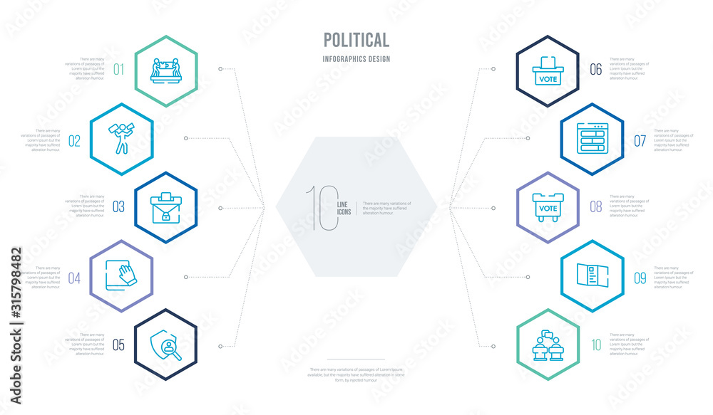 political concept business infographic design with 10 hexagon options. outline icons such as debate, leaflet, voting, poll, vote, oath political concept business infographic design with 10 hexagon options. outline icons such as debate, leaflet, voting, poll, vote, oath