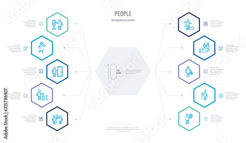 people concept business infographic design with 10 hexagon options. outline icons such as student books, lance, healthcare and medical, insurance protection, walking to school, validating ticket