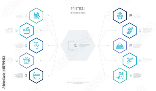 political concept business infographic design with 10 hexagon options. outline icons such as nightstick, welder, american government building, bribe, candidate for elections, checklist with a pencil