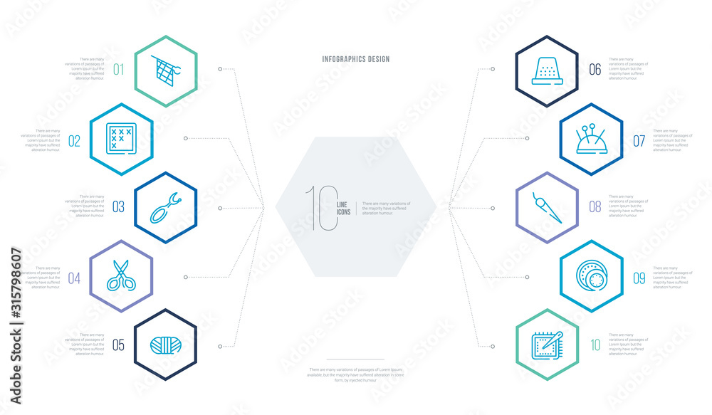 sew concept business infographic design with 10 hexagon options. outline icons such as material, patch, needles, pin cushion, sewing thimble, cutting tool sew concept business infographic design with 10 hexagon options. outline icons such as material, patch, needles, pin cushion, sewing thimble, cutting tool