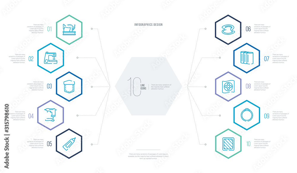 sew concept business infographic design with 10 hexagon options. outline icons such as drawing board, embroidery, embroidery hoop, fabrics, french curve, hot glue sew concept business infographic design with 10 hexagon options. outline icons such as drawing board, embroidery, embroidery hoop, fabrics, french curve, hot glue