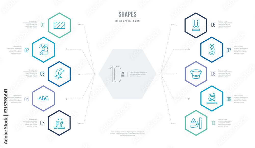 shapes concept business infographic design with 10 hexagon options. outline icons such as no push, fire over line, empty bucket, paragraph, undelined, strike through shapes concept business infographic design with 10 hexagon options. outline icons such as no push, fire over line, empty bucket, paragraph, undelined, strike through