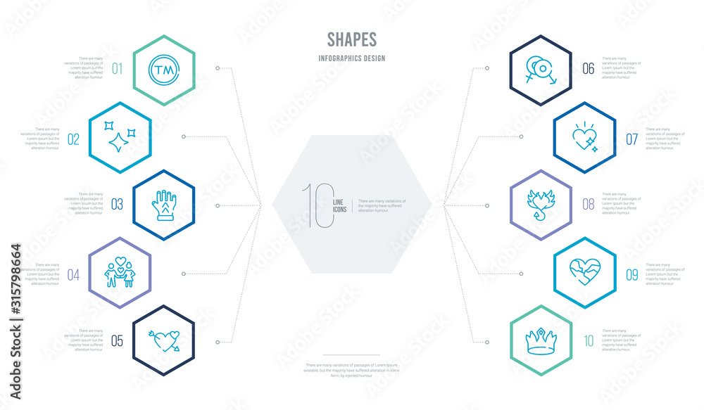shapes concept business infographic design with 10 hexagon options. outline icons such as prince crown, broken heart, devil heart with wings, heart with shine, male and female, pure love shapes concept business infographic design with 10 hexagon options. outline icons such as prince crown, broken heart, devil heart with wings, heart with shine, male and female, pure love