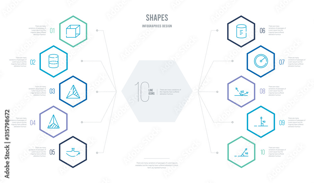 shapes concept business infographic design with 10 hexagon options. outline icons such as acute angle of 45 degrees, right angle of 90 degrees, angle of acute, radius circle, cylinder volumetric, shapes concept business infographic design with 10 hexagon options. outline icons such as acute angle of 45 degrees, right angle of 90 degrees, angle of acute, radius circle, cylinder volumetric,