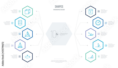 shapes concept business infographic design with 10 hexagon options. outline icons such as acute angle of 45 degrees, right angle of 90 degrees, angle of acute, radius circle, cylinder volumetric,