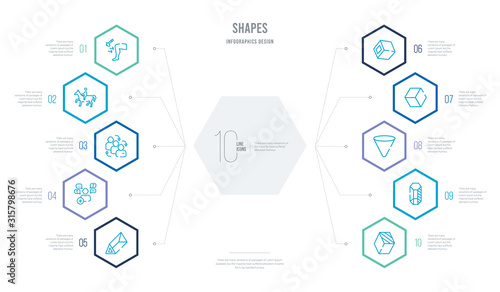 shapes concept business infographic design with 10 hexagon options. outline icons such as rectangular prism, hexagonal prism, inverted cone, cube, cube geometrical, followers photo