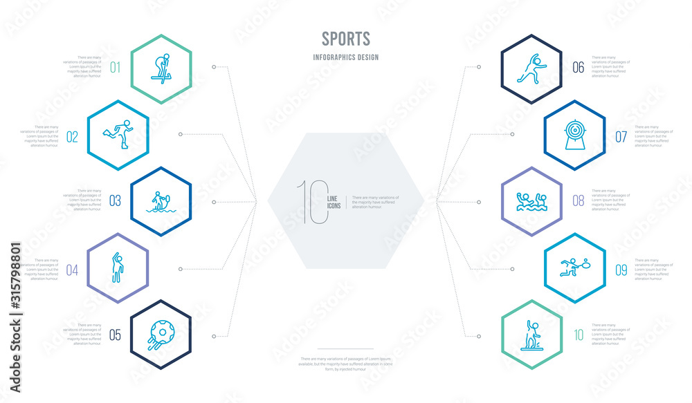 sports concept business infographic design with 10 hexagon options. outline icons such as sprained ankle, squash, waterpolo, bullseye, stretching, left bend sports concept business infographic design with 10 hexagon options. outline icons such as sprained ankle, squash, waterpolo, bullseye, stretching, left bend