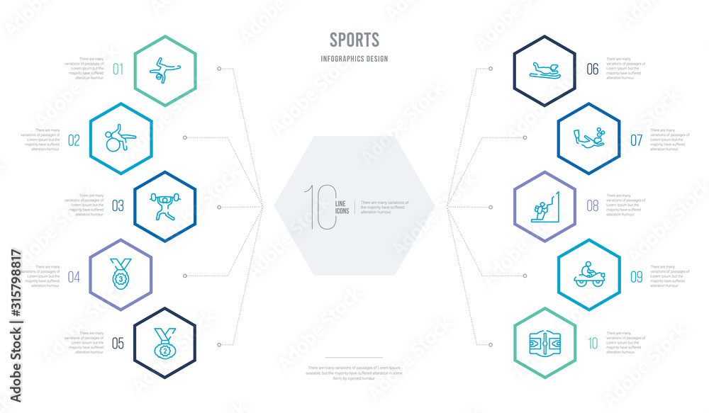 sports concept business infographic design with 10 hexagon options. outline icons such as basketball court, motorbike riding, trekking, scuba diving, snow slide zone, third sports concept business infographic design with 10 hexagon options. outline icons such as basketball court, motorbike riding, trekking, scuba diving, snow slide zone, third