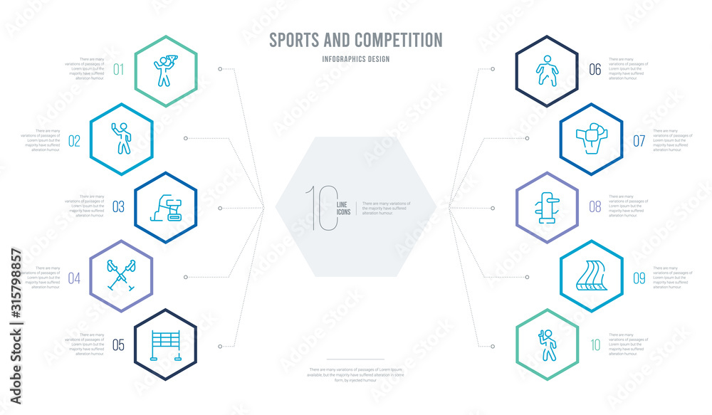 sports and competition concept business infographic design with 10 hexagon options. outline icons such as starting gun, running track, wing chun, mawashi, dohyo, ski poles sports and competition concept business infographic design with 10 hexagon options. outline icons such as starting gun, running track, wing chun, mawashi, dohyo, ski poles