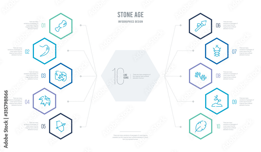 stone age concept business infographic design with 10 hexagon options. outline icons such as leaf, plant, paw print, arthropod, spear, pterodactyl stone age concept business infographic design with 10 hexagon options. outline icons such as leaf, plant, paw print, arthropod, spear, pterodactyl