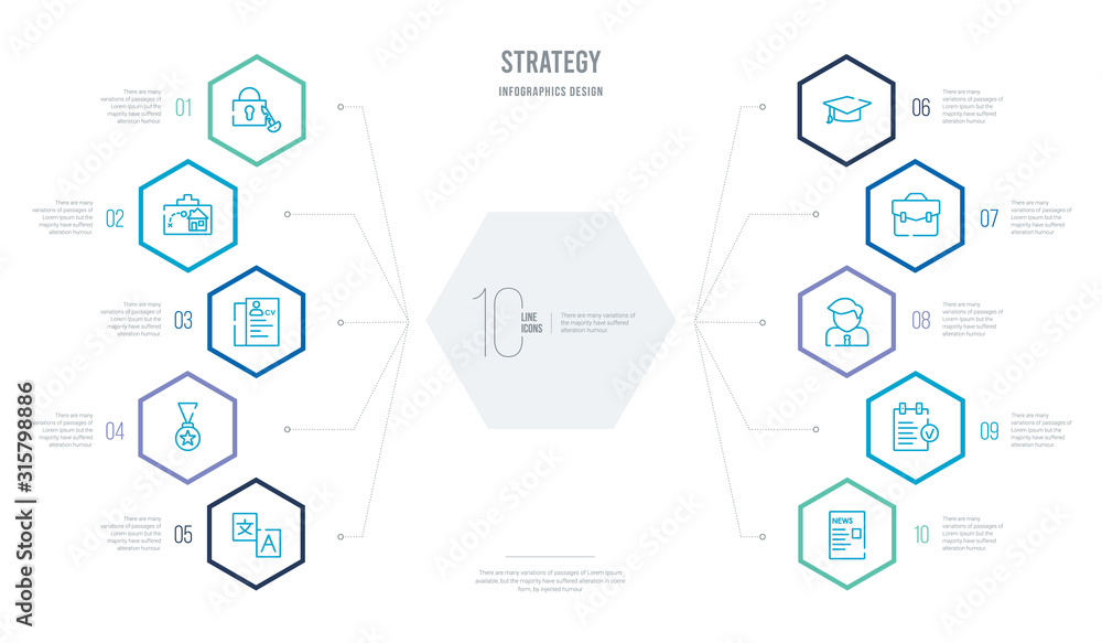 strategy concept business infographic design with 10 hexagon options. outline icons such as newspaper, list, avatar, briefcase, graduation, medal strategy concept business infographic design with 10 hexagon options. outline icons such as newspaper, list, avatar, briefcase, graduation, medal