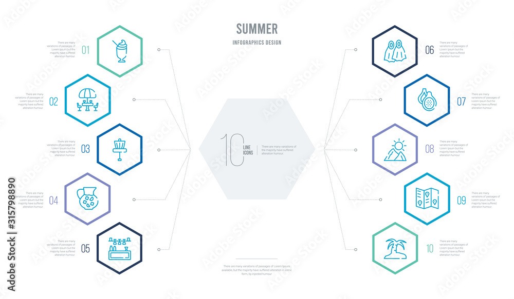 summer concept business infographic design with 10 hexagon options. outline icons such as island, travel guide, mountains, fig, flippers, sangria summer concept business infographic design with 10 hexagon options. outline icons such as island, travel guide, mountains, fig, flippers, sangria