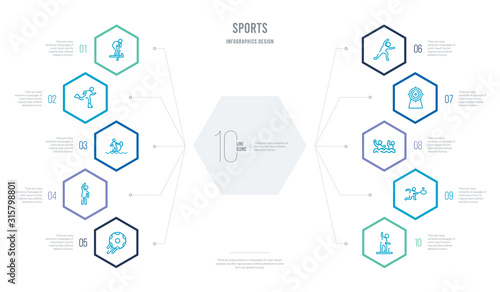sports concept business infographic design with 10 hexagon options. outline icons such as sprained ankle, squash, waterpolo, bullseye, stretching, left bend