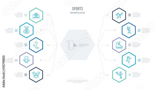 sports concept business infographic design with 10 hexagon options. outline icons such as skating, excercise, ice skates, batter, home run, shin guards