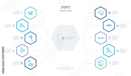 sports concept business infographic design with 10 hexagon options. outline icons such as boxing glove, gym ball, weighted bars, champion belt, baseball helmet, flying shoes