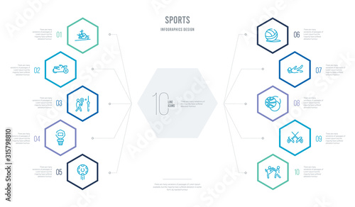 sports concept business infographic design with 10 hexagon options. outline icons such as taekwondo, foil, balls, excersice, volleyball ball, basketball basket