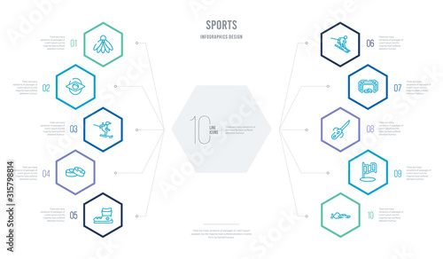 sports concept business infographic design with 10 hexagon options. outline icons such as drift car, cheque flag, saber, hockey goal, slalom, hockey puck