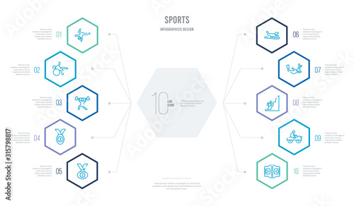 sports concept business infographic design with 10 hexagon options. outline icons such as basketball court, motorbike riding, trekking, scuba diving, snow slide zone, third