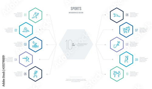 sports concept business infographic design with 10 hexagon options. outline icons such as two men practicing karate, baseball player with bat, man falling off a precipice, girl kicking a boy in the