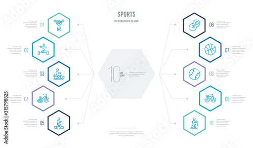 sports concept business infographic design with 10 hexagon options. outline icons such as skiing down hill, racing bike, baseball ball, basketball ball with line, ball pool, bicycle for children
