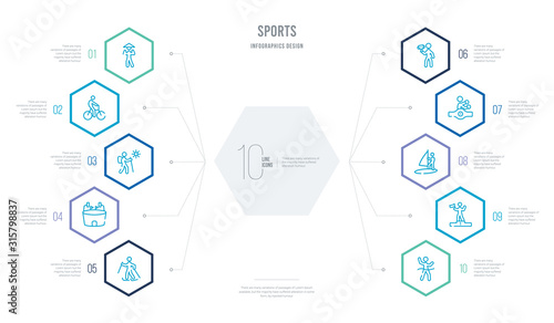 sports concept business infographic design with 10 hexagon options. outline icons such as marathon champion, number one athlete, man windsurfing, boxer with belt, man award, estadio