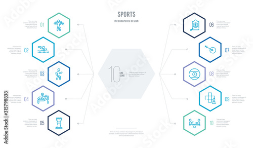 sports concept business infographic design with 10 hexagon options. outline icons such as board gaming, game board, pool ball, ball arrow, dartboard and dart, work bench