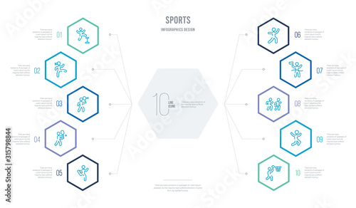 sports concept business infographic design with 10 hexagon options. outline icons such as basketball player scoring, jumping dancer, running a race, winning the race, meditation yoga posture, man