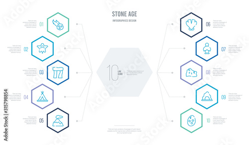 stone age concept business infographic design with 10 hexagon options. outline icons such as dinosaur egg, cave, cave painting, venus of willendorf, shellfish, tipi photo