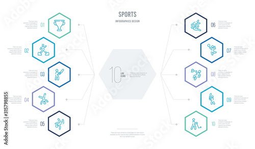 sports concept business infographic design with 10 hexagon options. outline icons such as golf player, cricket player with bat, man losing hat, man playing volleyball, two judo fighters, cartwheel
