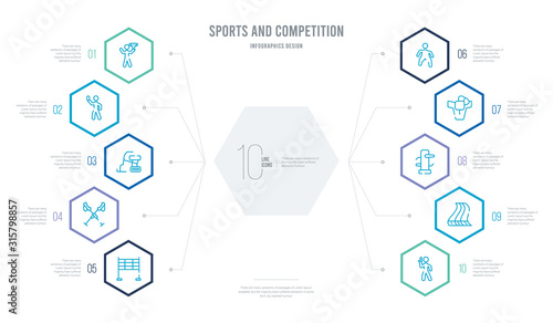 sports and competition concept business infographic design with 10 hexagon options. outline icons such as starting gun, running track, wing chun, mawashi, dohyo, ski poles
