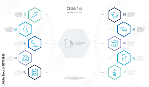 stone age concept business infographic design with 10 hexagon options. outline icons such as troglodyte, pottery, dolmen, saber toothed tiger, mammoth, rock art