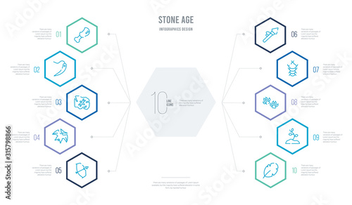 stone age concept business infographic design with 10 hexagon options. outline icons such as leaf, plant, paw print, arthropod, spear, pterodactyl