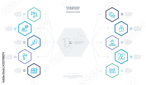 strategy concept business infographic design with 10 hexagon options. outline icons such as partner, focus, conference, worker, strategy, business
