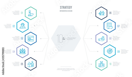 strategy concept business infographic design with 10 hexagon options. outline icons such as visitor, target, investment, policy, deal, leader