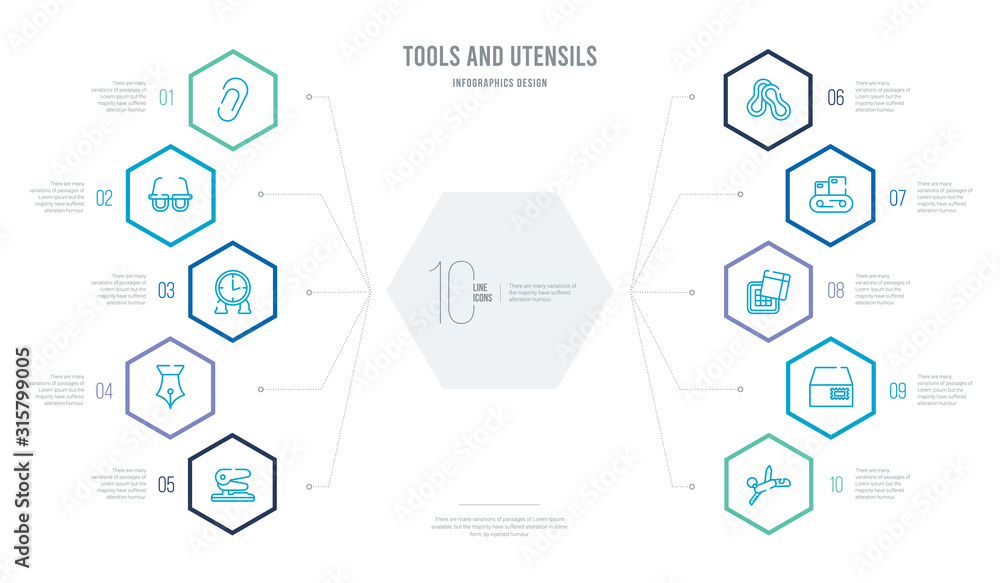 tools and utensils concept business infographic design with 10 hexagon options. outline icons such as penknife, postage, chocolate box, packing machine, rubber bands, ink pen